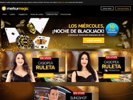 Página dedicada al casino en vivo del operador Merkurmagic con la ruleta Casiopea de Playtech en sus variantes francesa y europea.